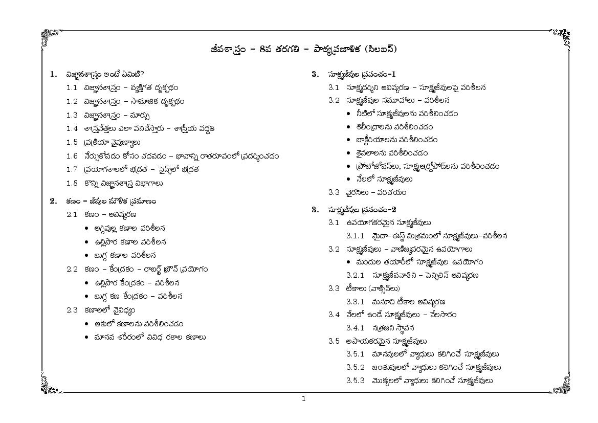 Telangana Class 8 Syllabus Biology (Telugu Medium) - Page 1
