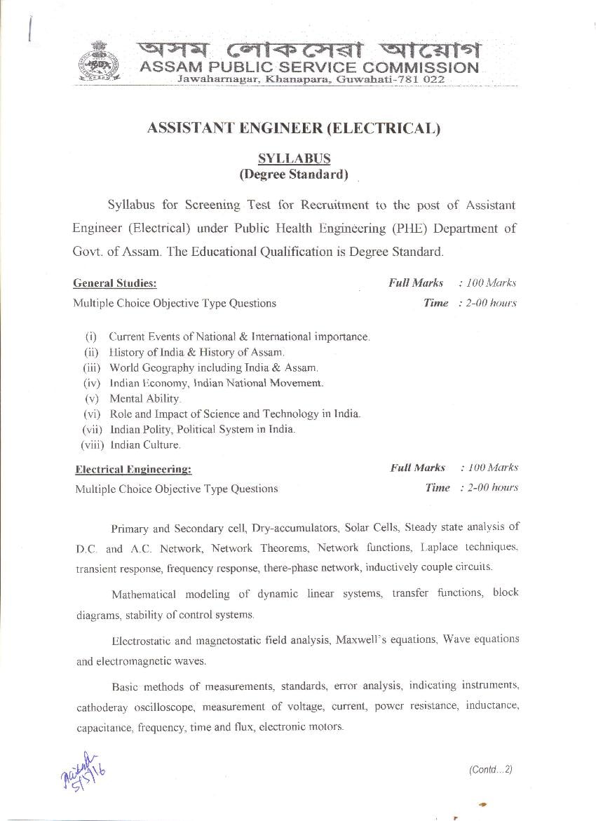 APSC Assistant Engineer Electrical Direct Recruitment Syllabus - Page 1