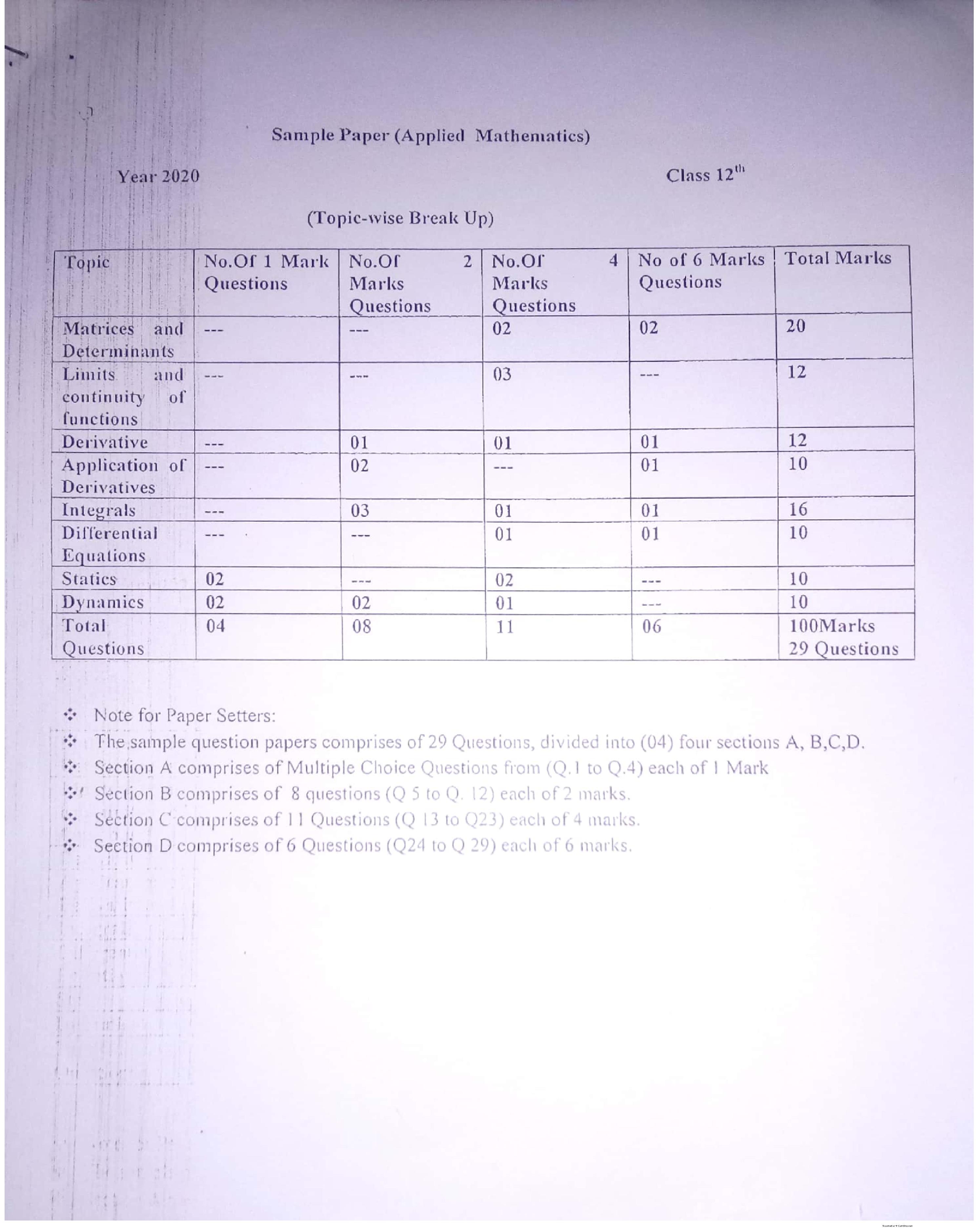 JKBOSE 12th Class Model Paper 2024 Applied Math - Page 1