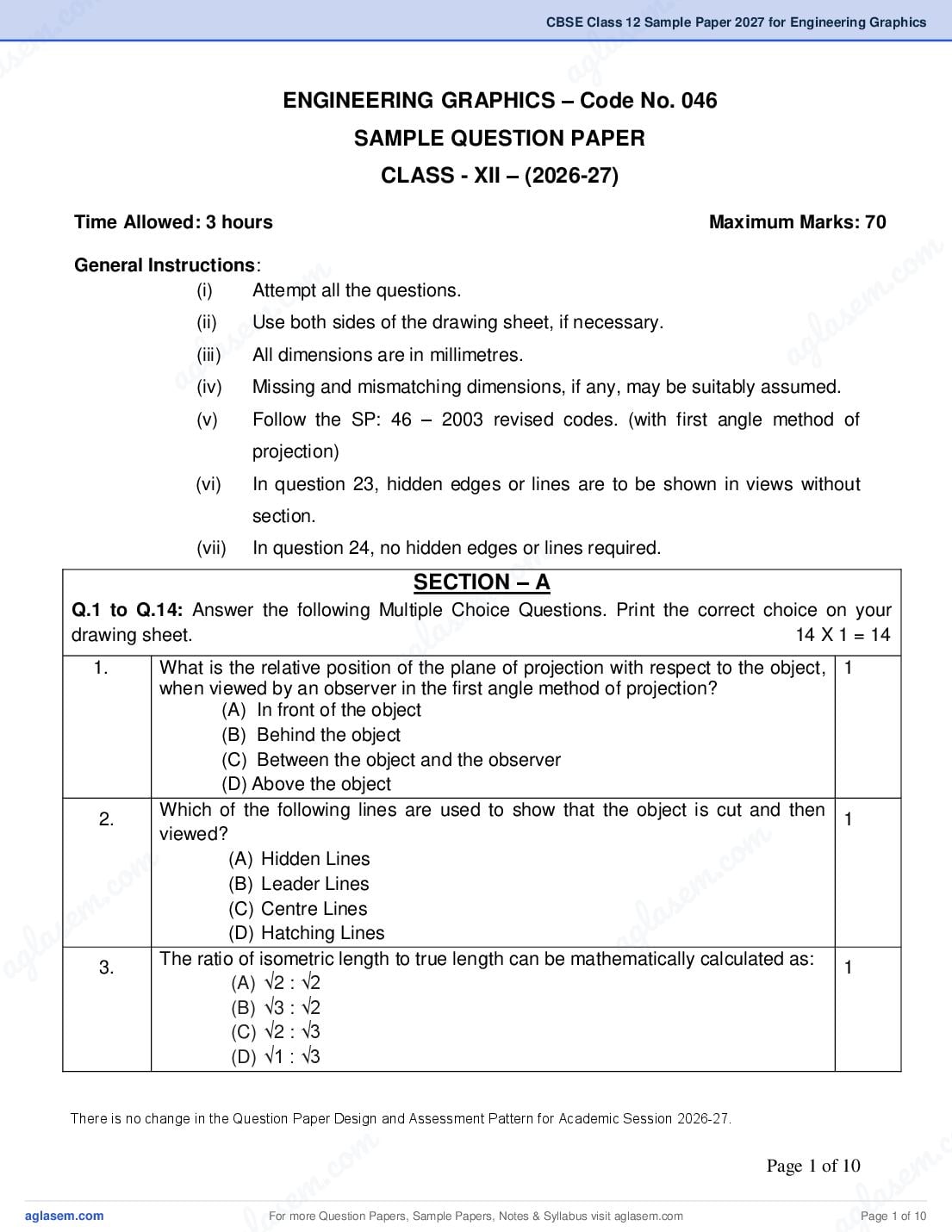 CBSE Class 12 Sample Paper 2027 for Engineering Graphics - Page 1 of 10