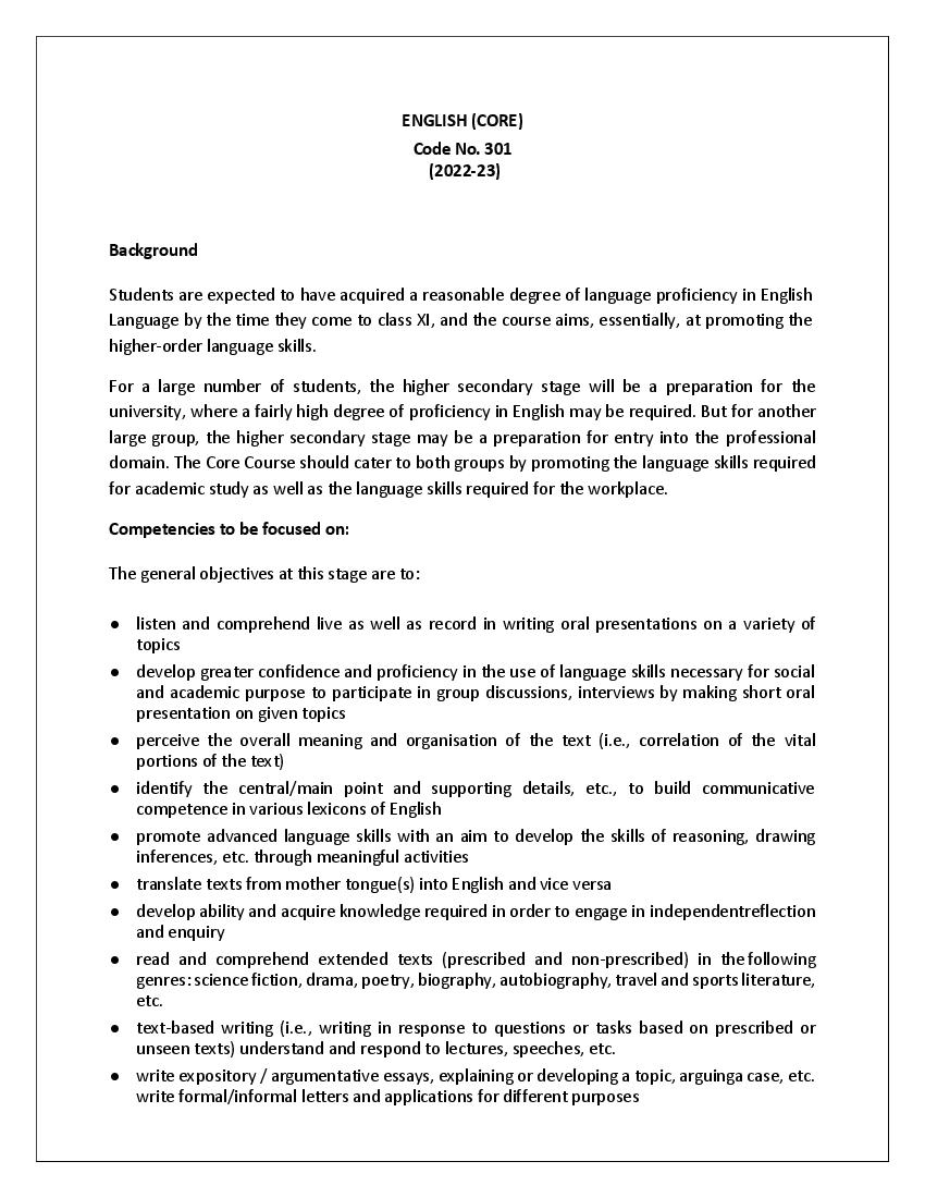 CBSE Class 11 Syllabus 2022-23 English Core - Page 1