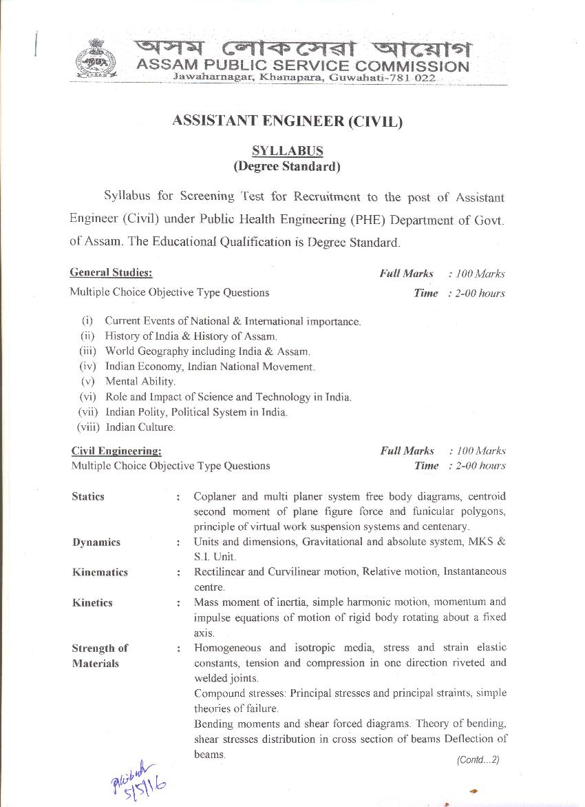 APSC Assistant Engineer Civil (PHE) Direct Recruitment Syllabus - Page 1