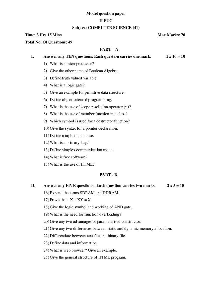 Karnataka 2nd PUC Model Question Paper 2022 for Computer Science - Page 1