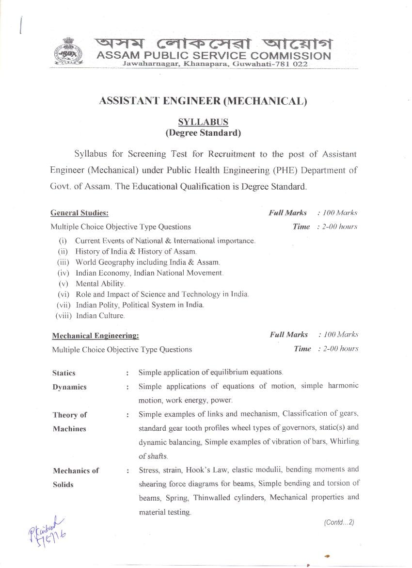 APSC Assistant Engineer Mechanical Direct Recruitment Syllabus - Page 1