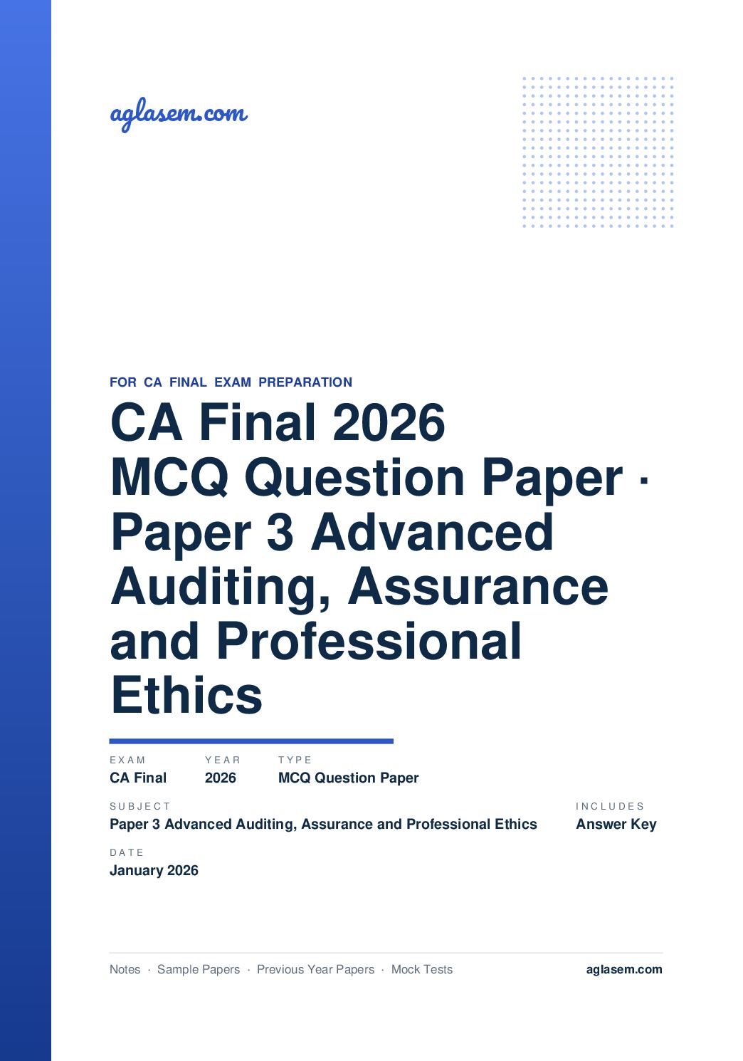 CA Final January 2026 MCQ Question Paper with Answer Key Paper 3 Advanced Auditing, Assurance and Professional Ethics - Page 1 of 18