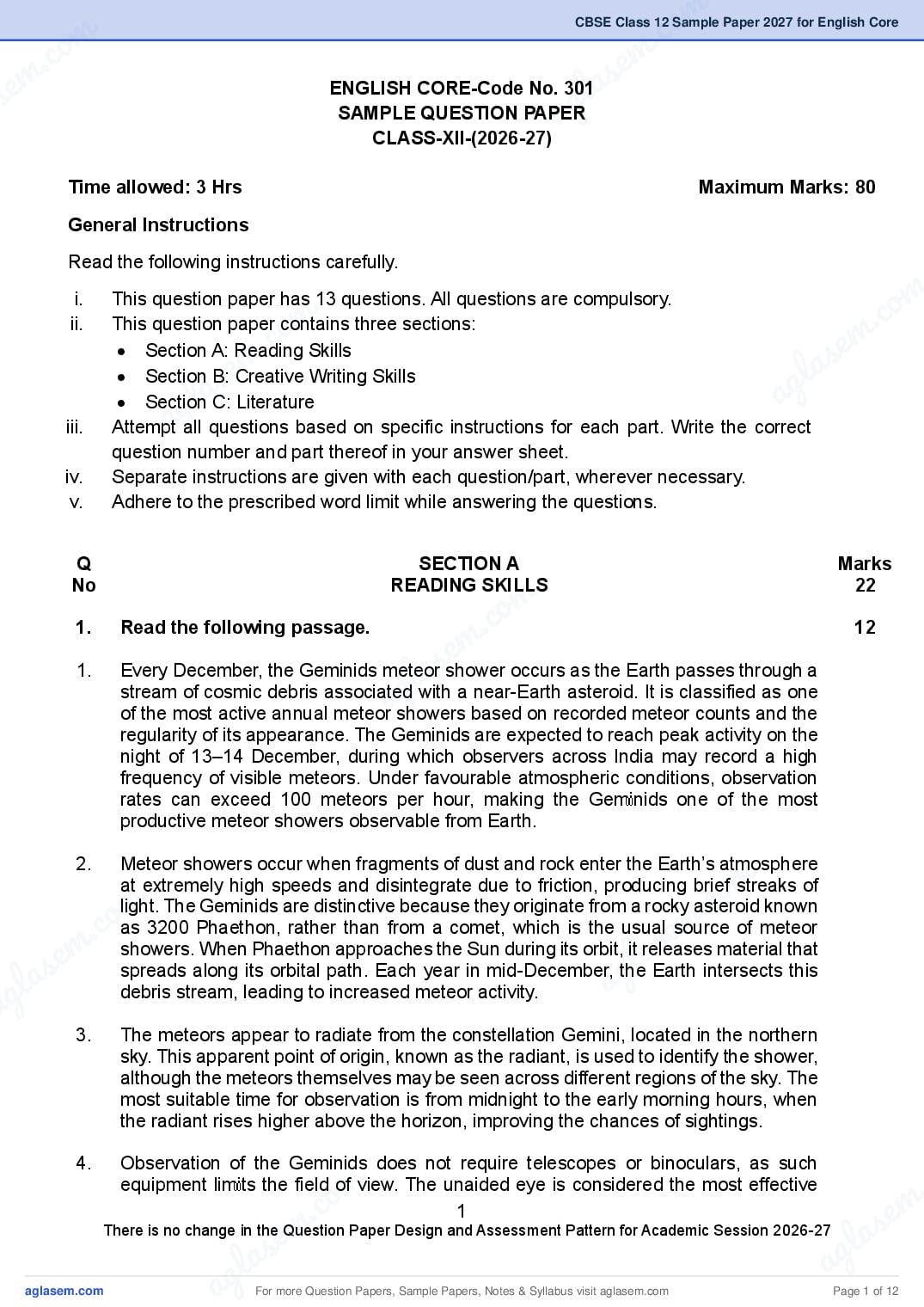 CBSE Class 12 Sample Paper 2027 for English Core - Page 1 of 12
