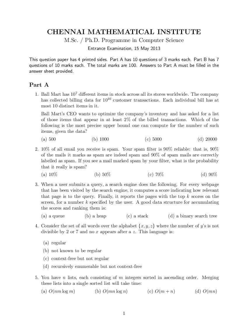 CMI Entrance Exam 2013 Question Paper for M.Sc or PhD Computer Science - Page 1