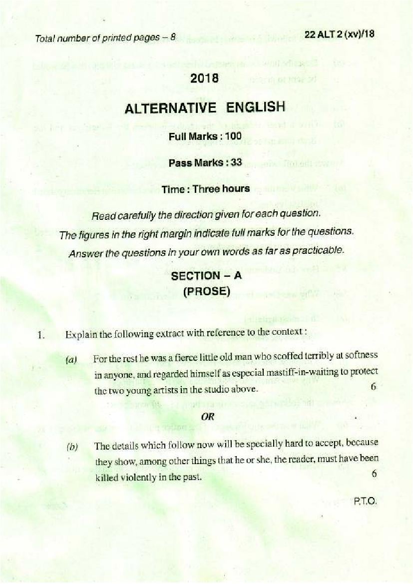 Manipur Board Class 12 Question Paper 2018 for English Alternative - Page 1