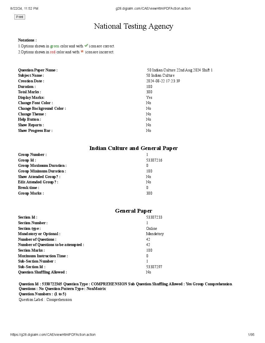 UGC NET 2024 Question Paper Indian Culture - Page 1