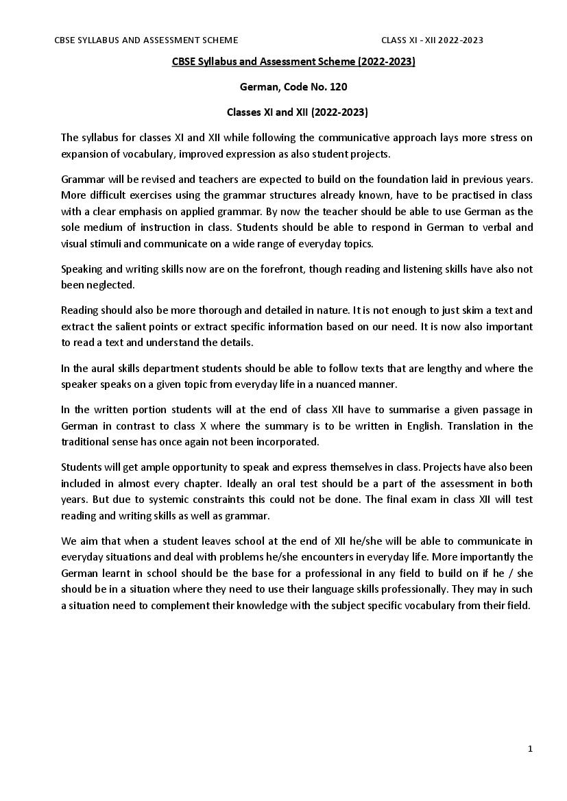 CBSE Class 11 Syllabus 2022-23 German - Page 1