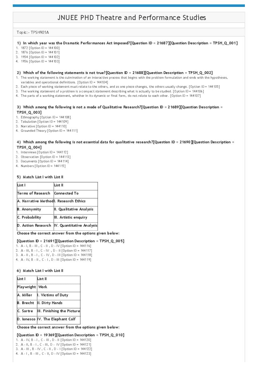 JNUEE 2021 Question Paper Ph.D Theatre and Performance Studies - Page 1