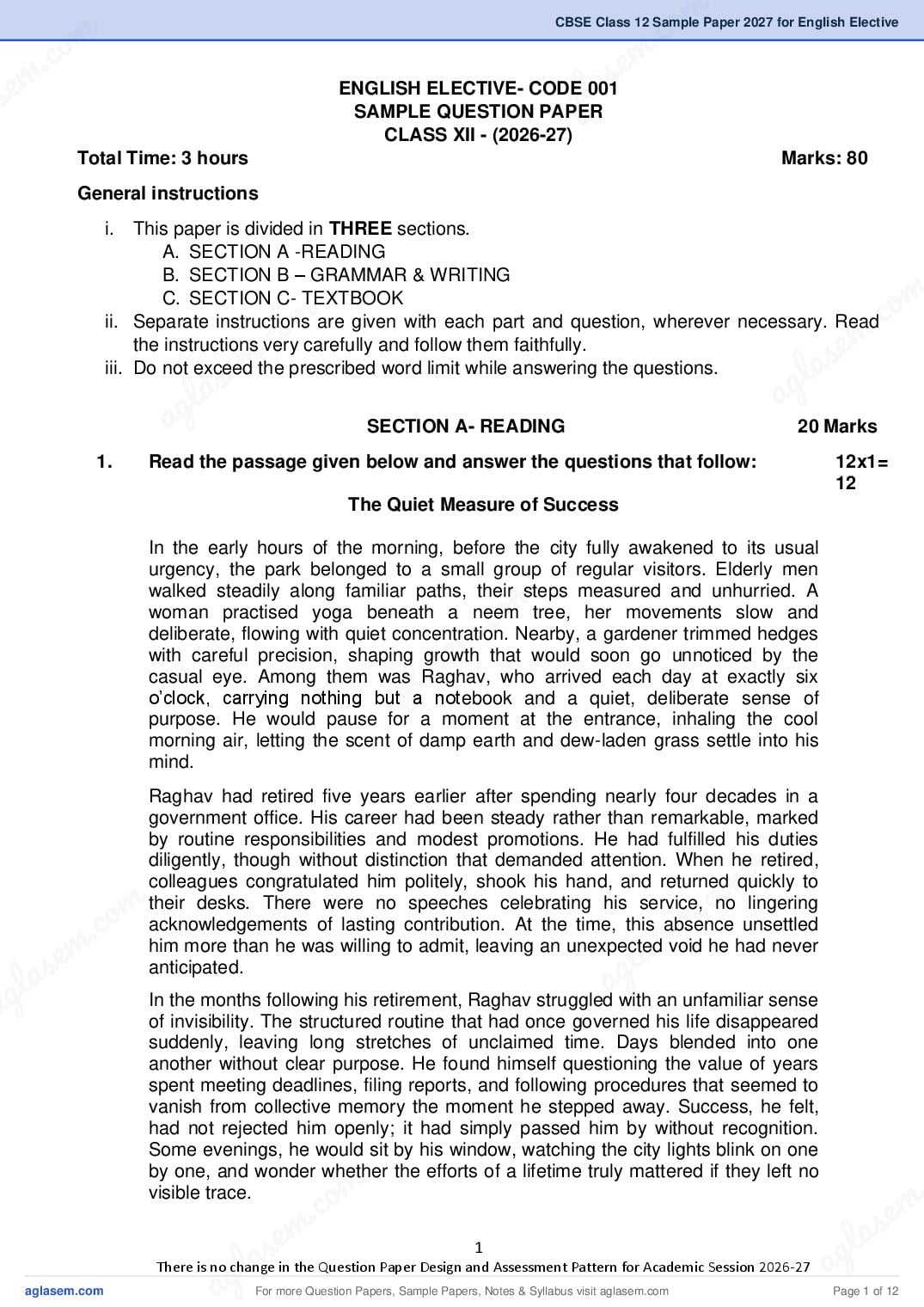 CBSE Class 12 Sample Paper 2027 for English Elective - Page 1 of 12