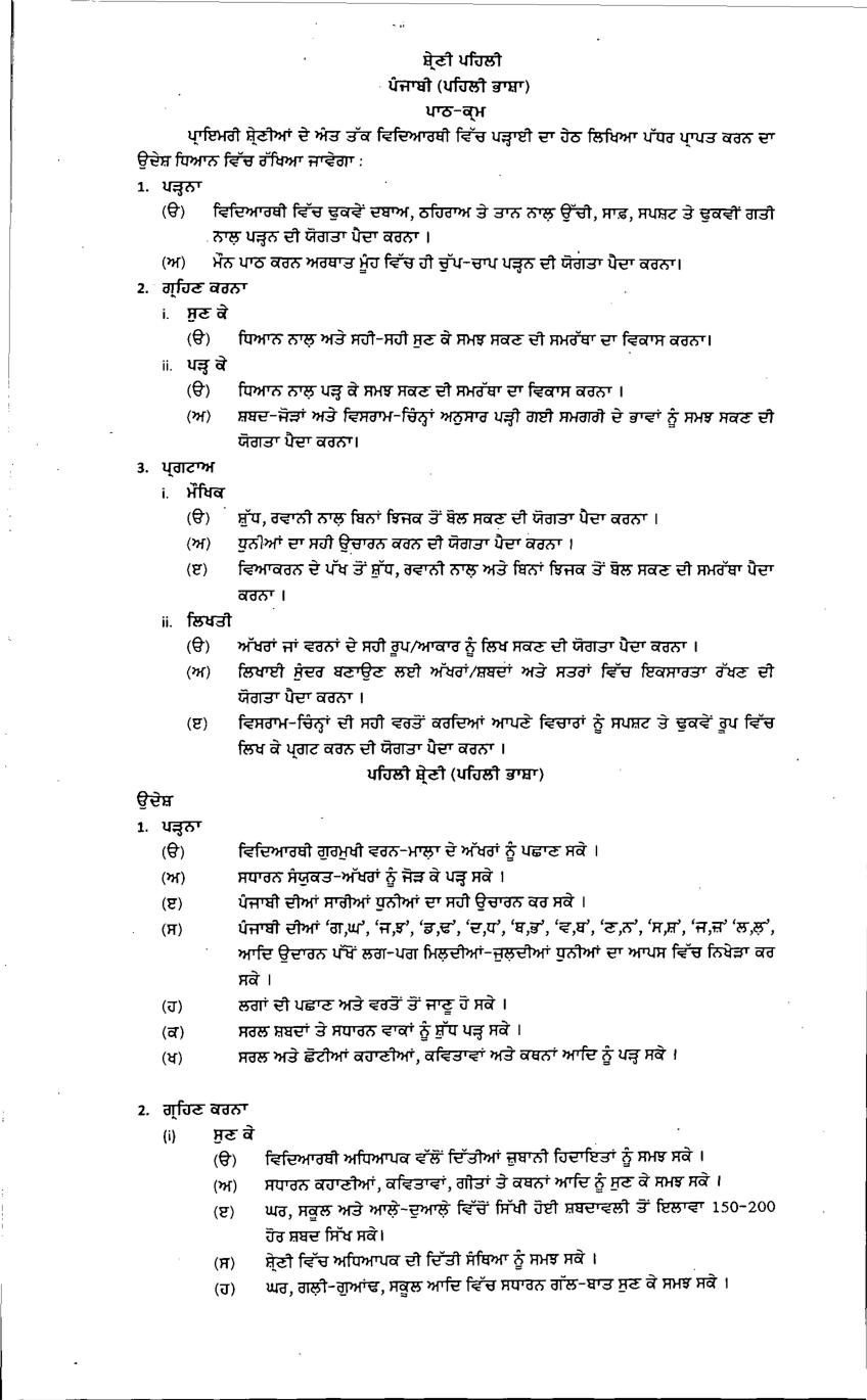 PSEB 1st Class Syllabus 2023 Punjabi 1st Language - Page 1