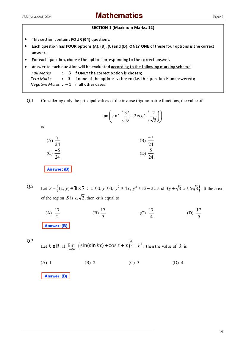 JEE Advanced 2024 Paper 2 Answer Key - Page 1