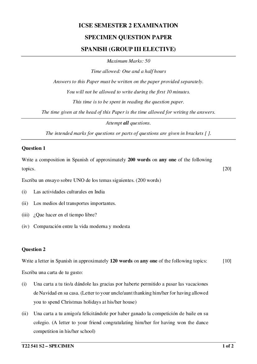 ICSE Class 10 Specimen Paper 2022 Spanish Group 3 Semester 2 - Page 1