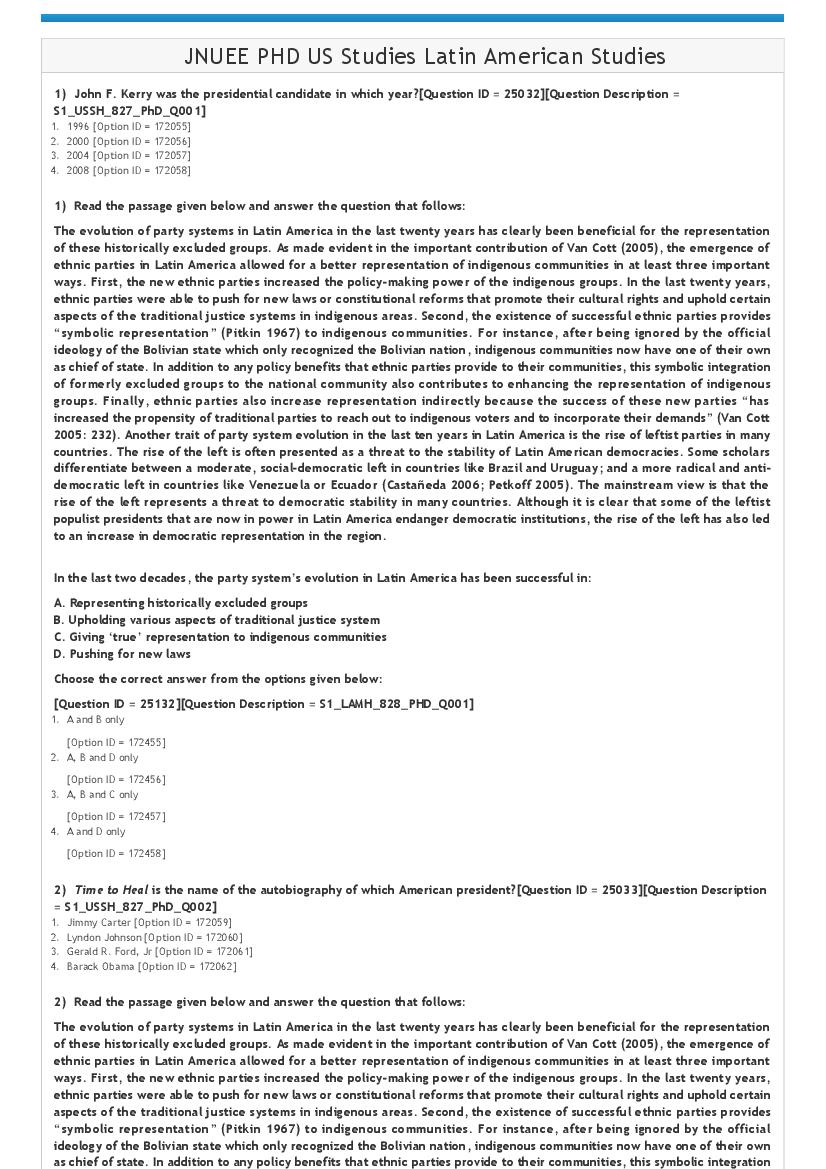 JNUEE 2021 Question Paper Ph.D US Studies Latin American Studies - Page 1