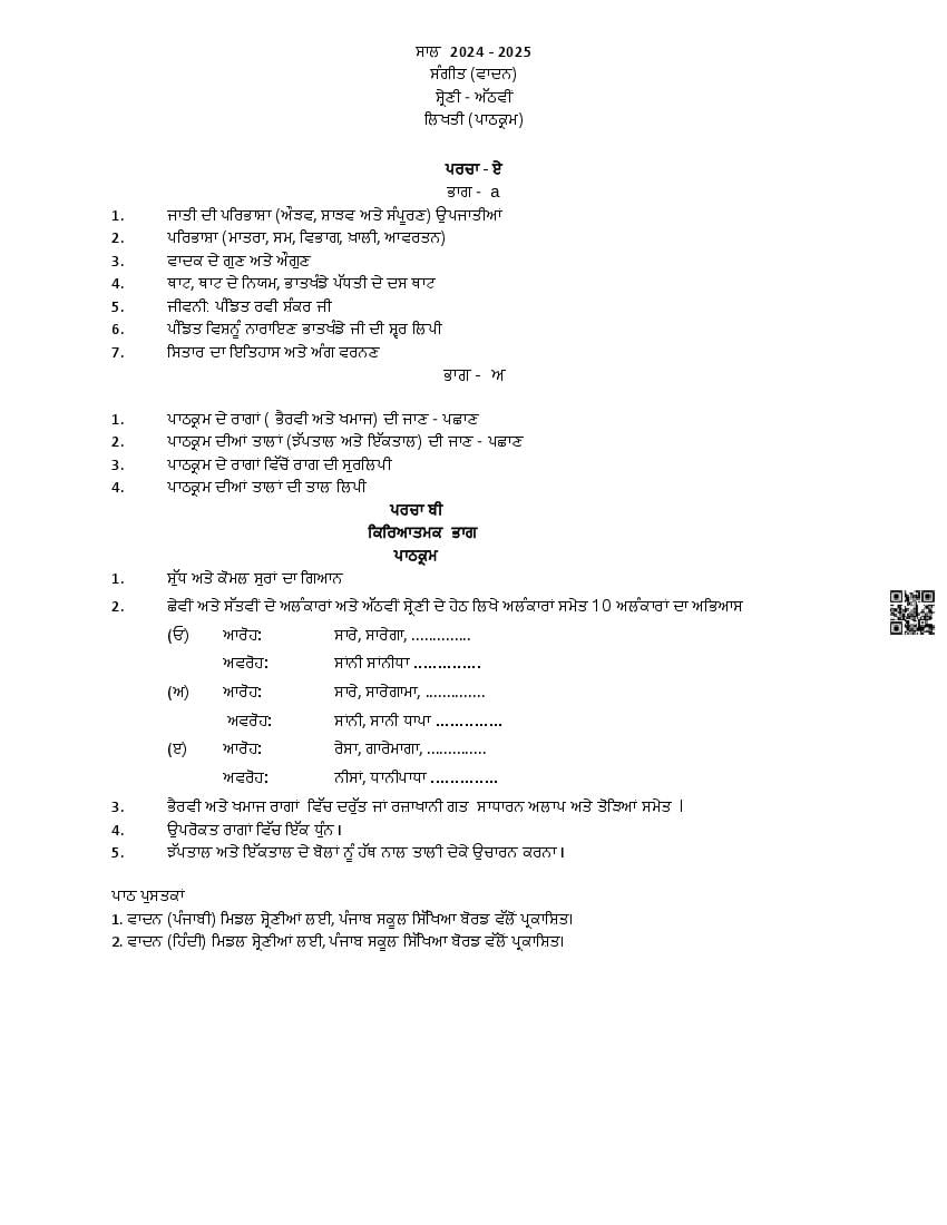 PSEB Class 8 Music Syllabus (PDF)