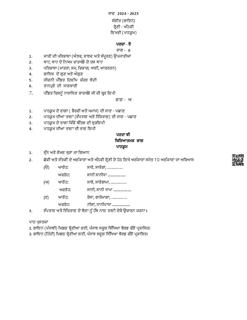 PSEB Class 8 Music Syllabus (PDF)