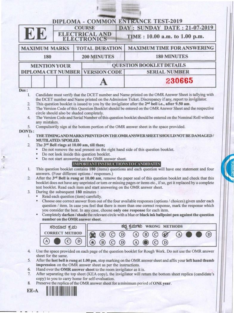 Karnataka Diploma CET 2019 Question Paper Electrical and Electronics Engineering - Page 1