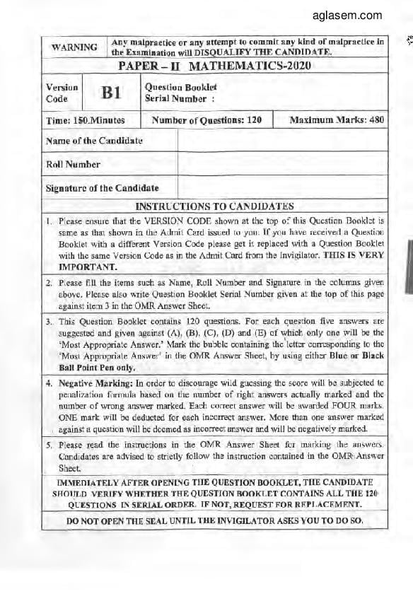 KEAM 2020 Question Paper Maths - Page 1
