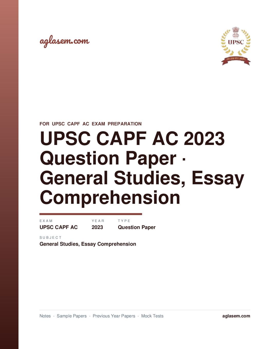 UPSC CAPF AC 2023 Question Paper for General Studies, Essay and Comprehension - Page 1 of 9