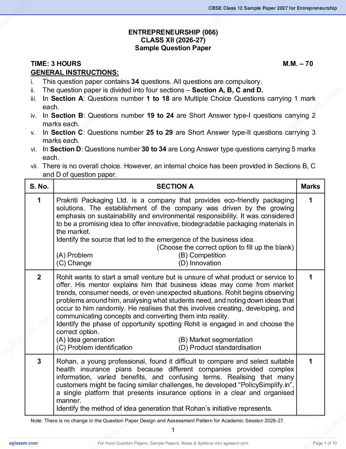 CBSE Class 12 Sample Paper 2027 for Entrepreneurship - Page 1 of 10