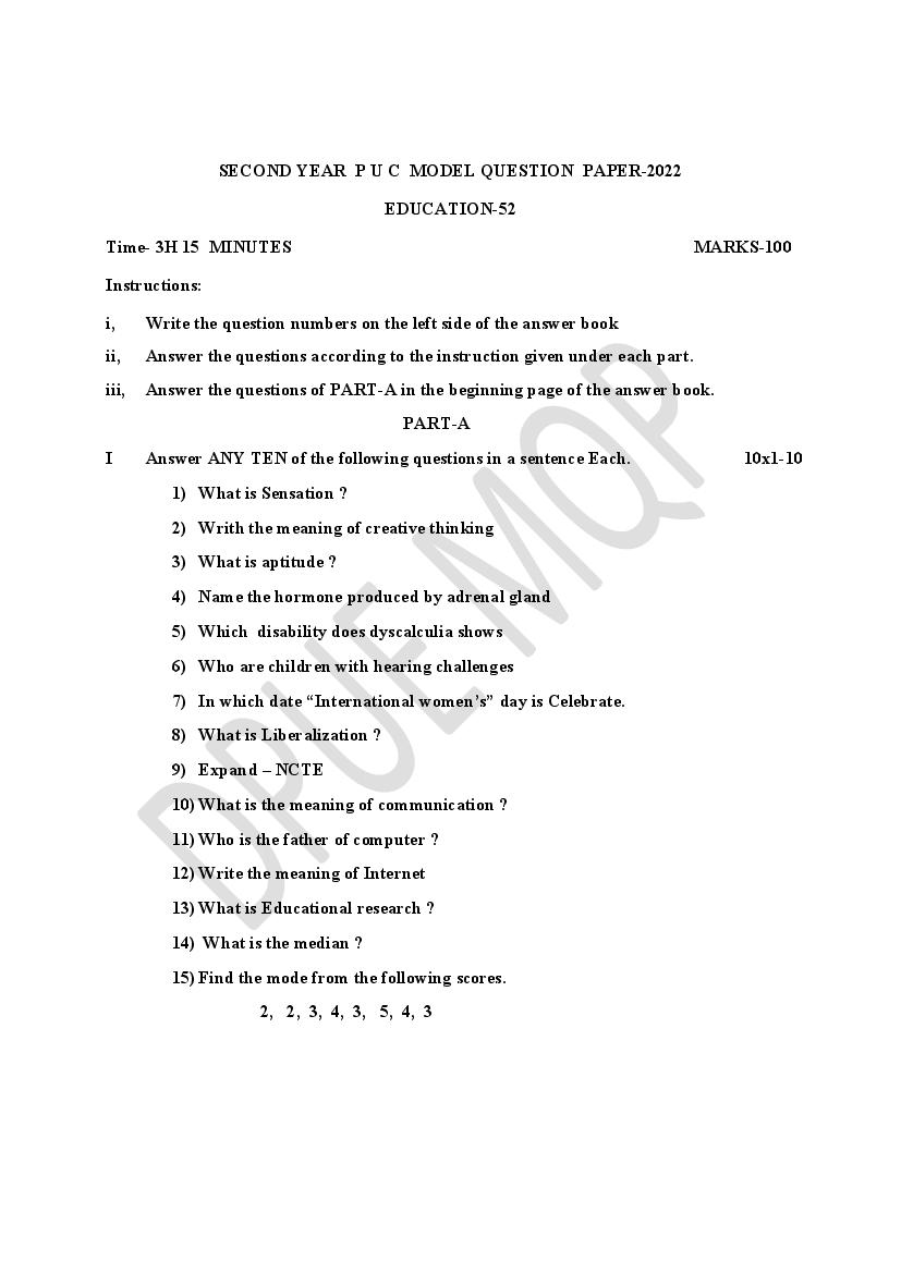 Karnataka 2nd PUC Model Question Paper 2022 for Education - Page 1
