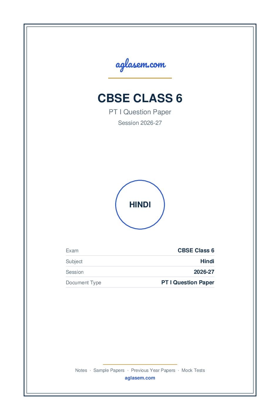 Class 6 PT I Question Paper 2026-27 Hindi - Page 1 of 3
