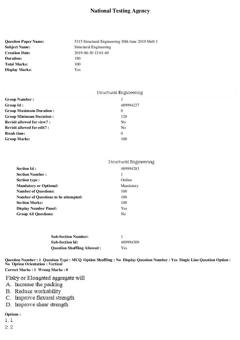 ARPIT 2019 Question Paper for Structural Engineering Shift 1 - Page 1 of 34