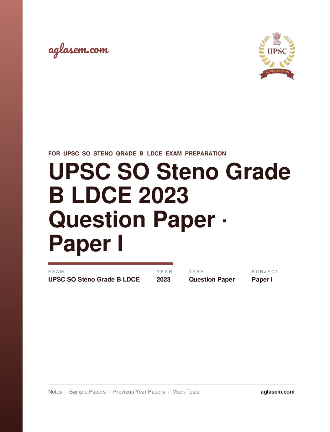 UPSC SO Steno Grade B LDCE 2023 Question Paper for Paper I - Page 1 of 49