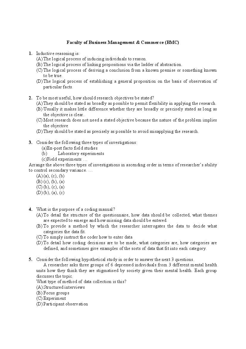 PU M.Phil & Ph.D Entrance Exam 2020 Question Paper Faculty of Business Management and Commerce - Page 1