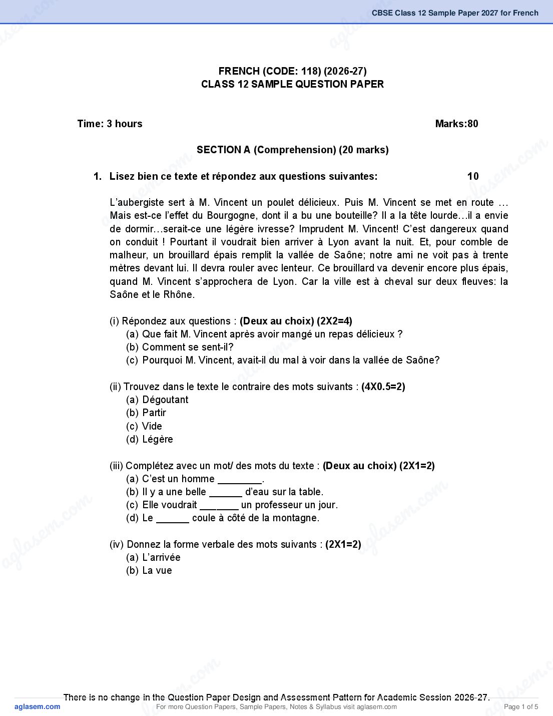 CBSE Class 12 Sample Paper 2027 for French - Page 1 of 5