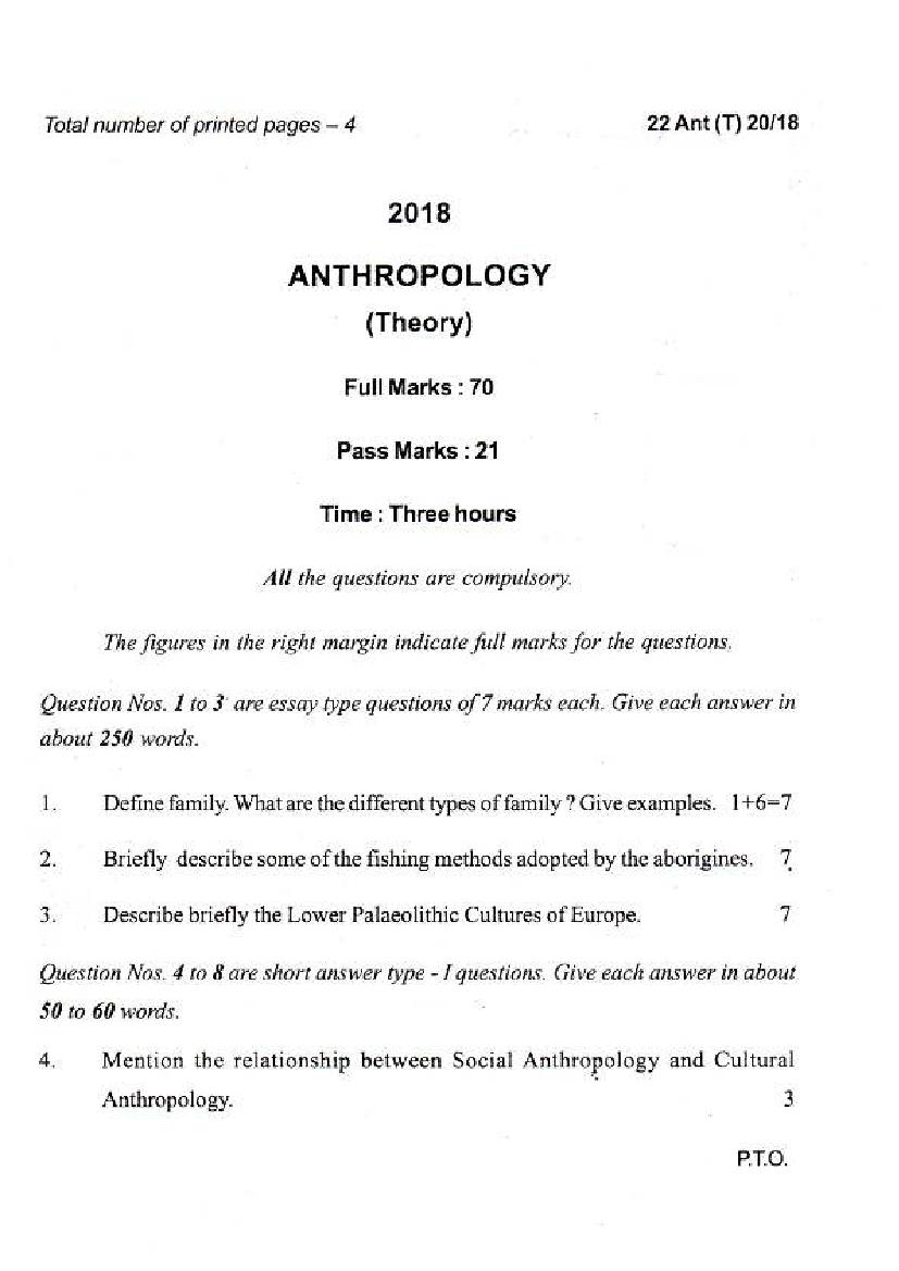 Manipur Board Class 12 Question Paper 2018 for Anthropology - Page 1