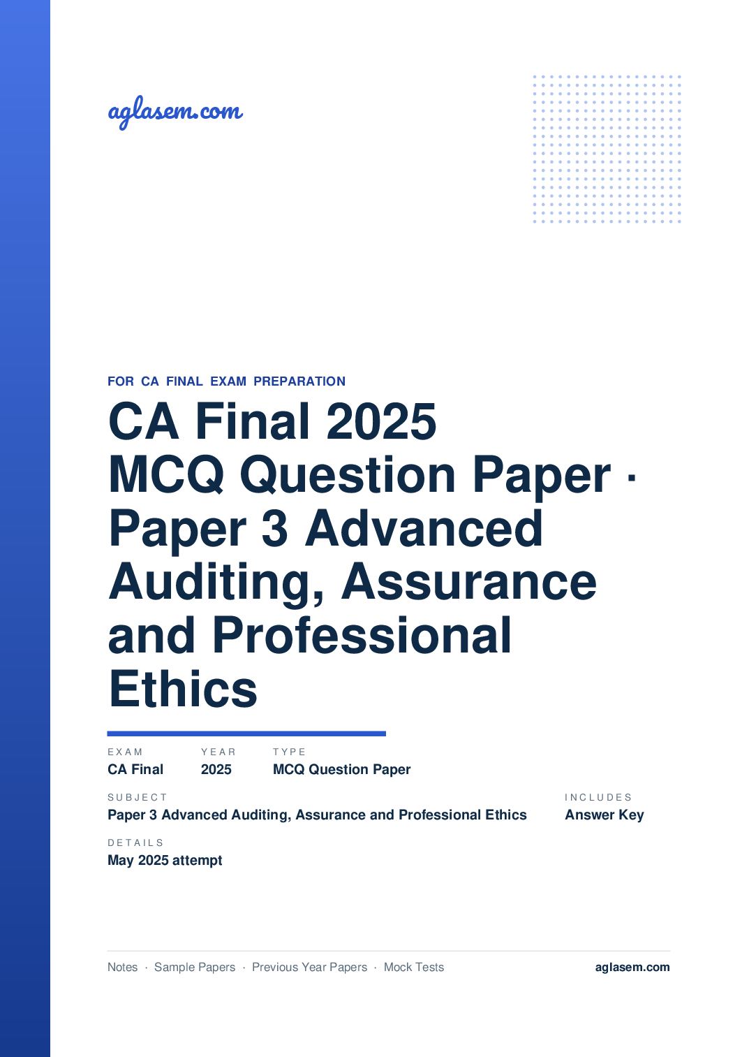 CA Final May 2025 MCQ Question Paper with Answer Key Paper 3 Advanced Auditing, Assurance and Professional Ethics - Page 1 of 27