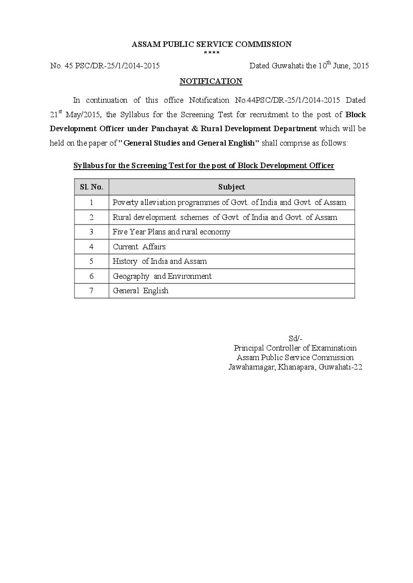APSC Block Development Officer (PRD) Direct Recruitment Syllabus - Page 1