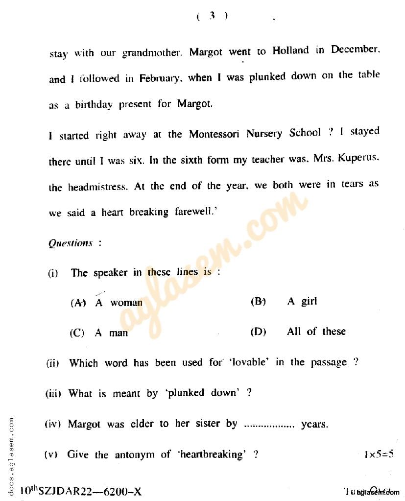 JKBOSE Class 10th English Question Paper 2022 (PDF)