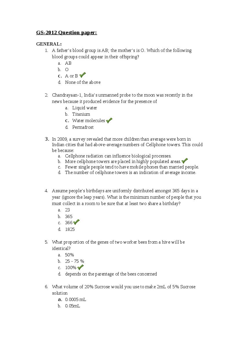TIFR GS 2012 Question Paper Biology - Page 1 of 17