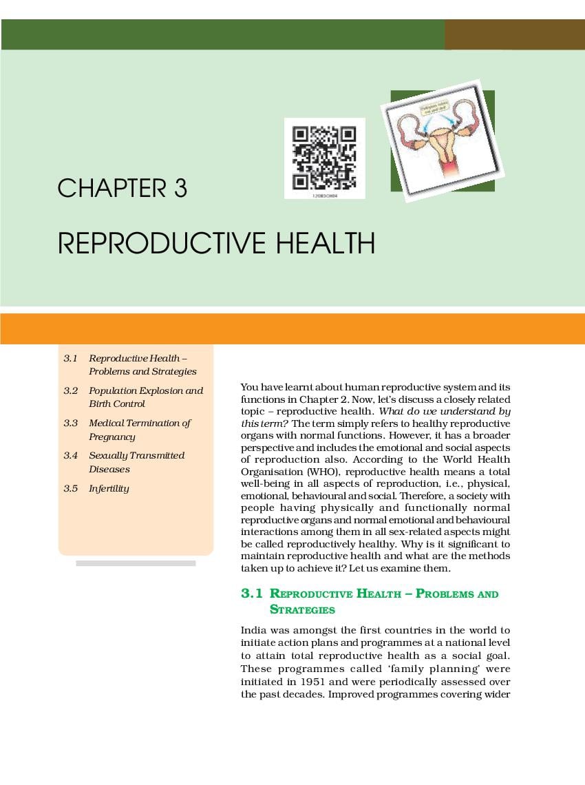 NCERT Book Class 12 Biology Chapter 3 Reproductive Health - Page 1