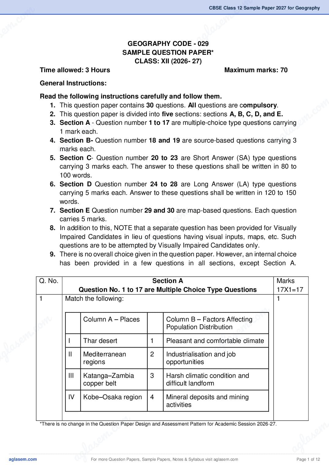 CBSE Class 12 Sample Paper 2027 for Geography - Page 1 of 12
