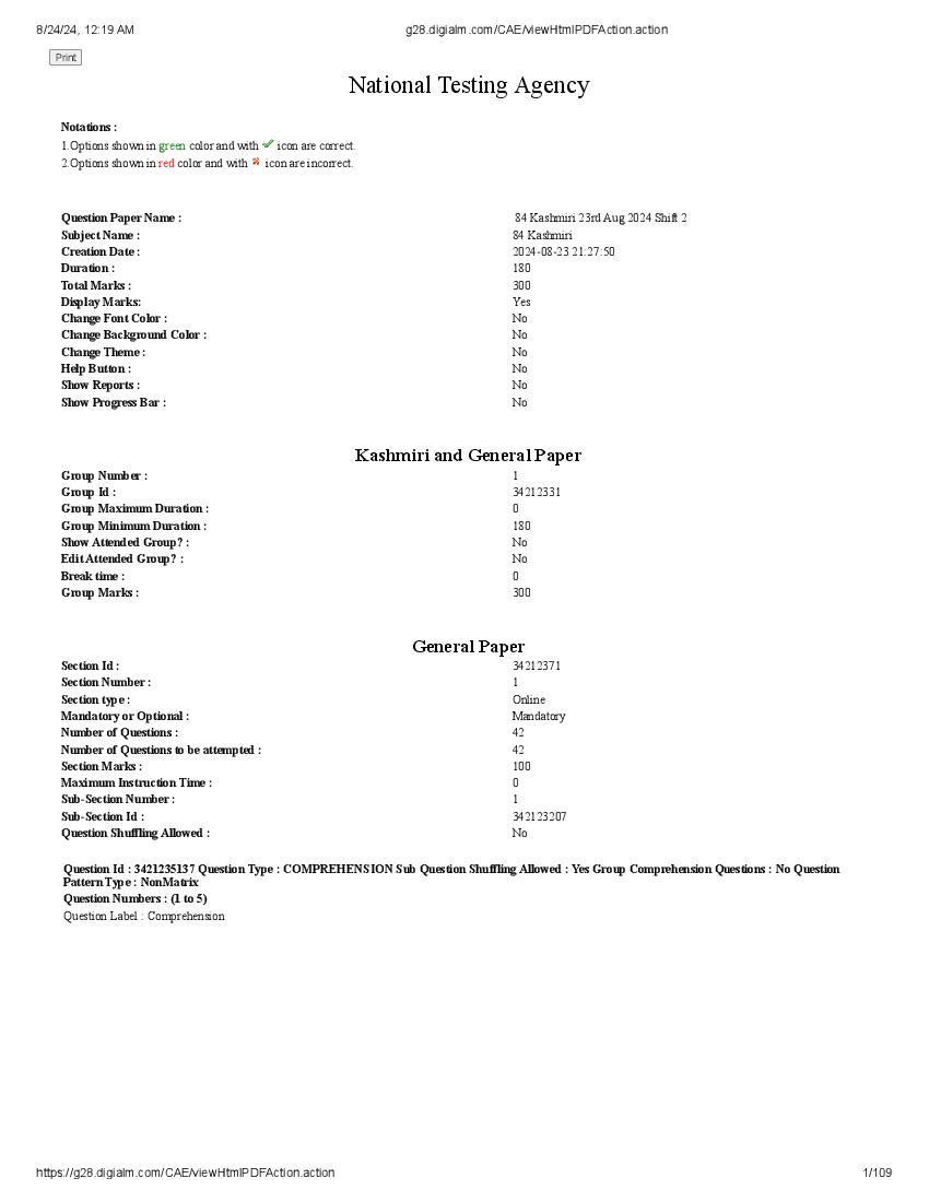 UGC NET 2024 Question Paper Kashmiri - Page 1