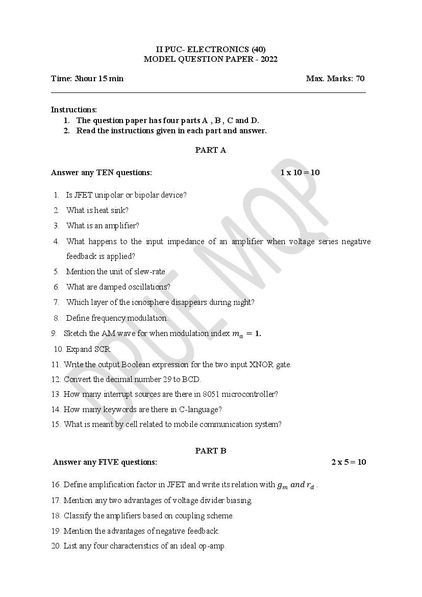 Karnataka 2nd PUC Model Question Paper 2022 for Electronics - Page 1