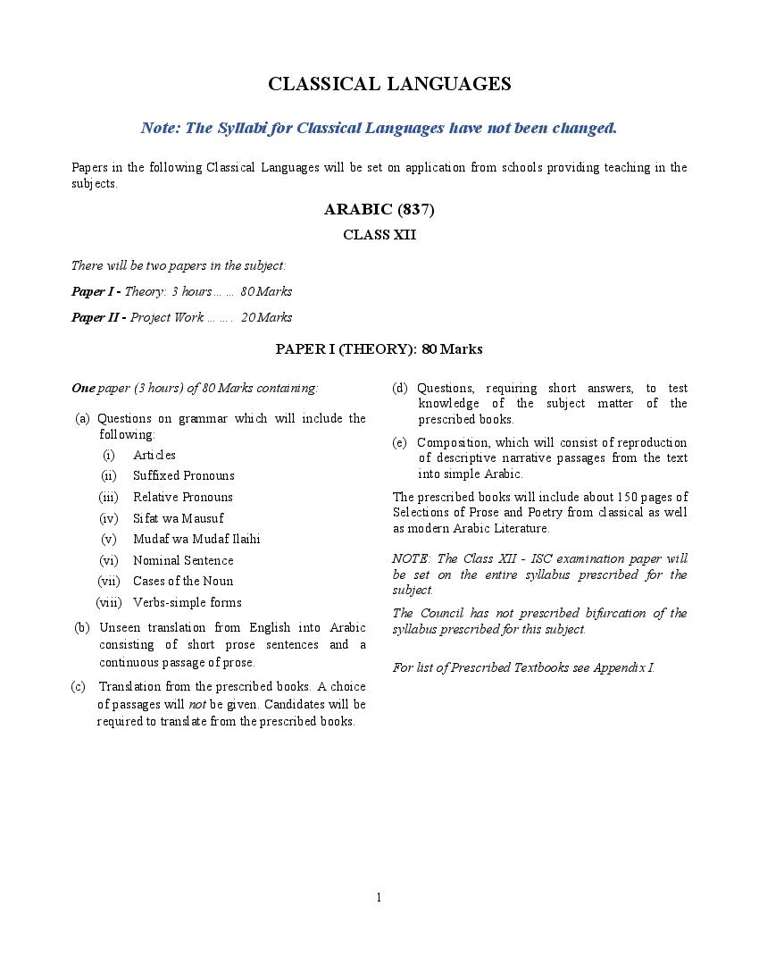 ISC Class 12 Syllabus 2023 Classical Languages (Revised) - Page 1