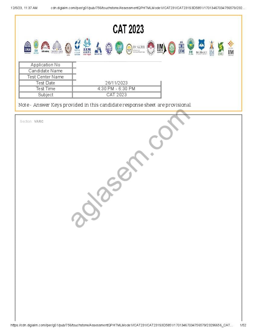 CAT 2023 Question Paper with Answer Key for Slot 3 - Page 1