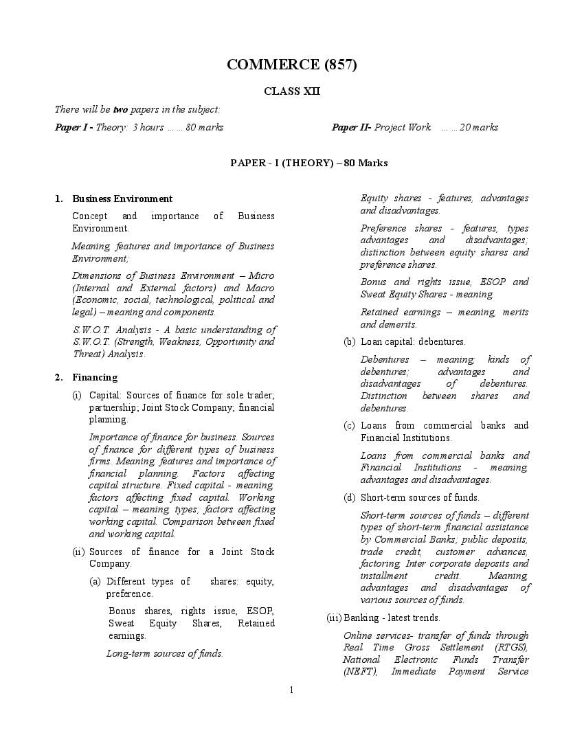 ISC Class 12 Syllabus 2023 Commerce (Revised) - Page 1