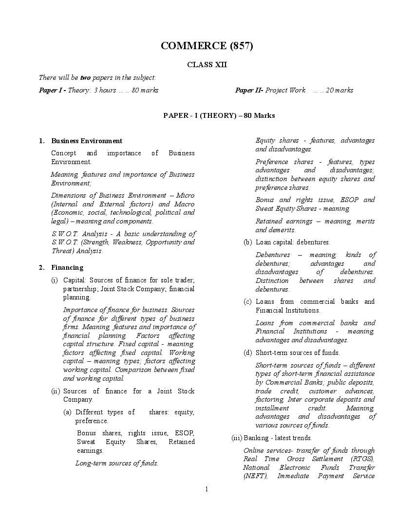 ISC Class 12 Syllabus 2023 Commerce (Revised) - Page 1