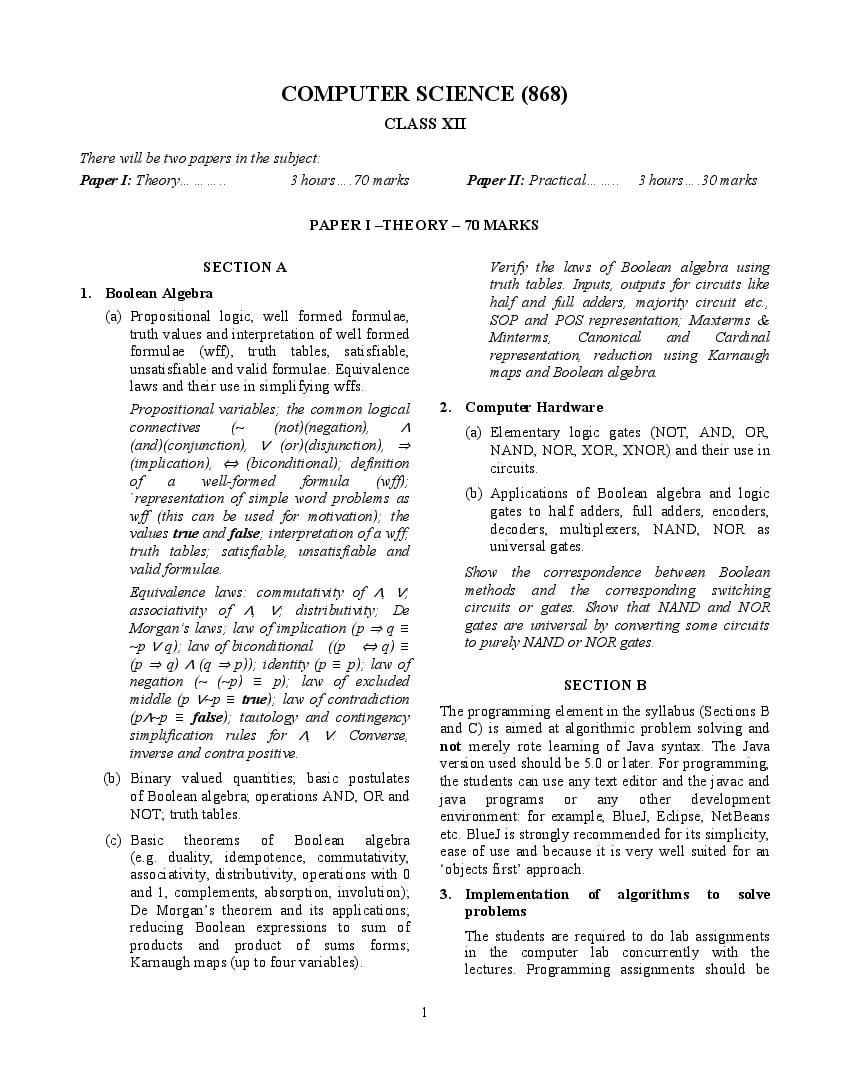 ISC Class 12 Syllabus 2023 Computer Science (Revised) - Page 1