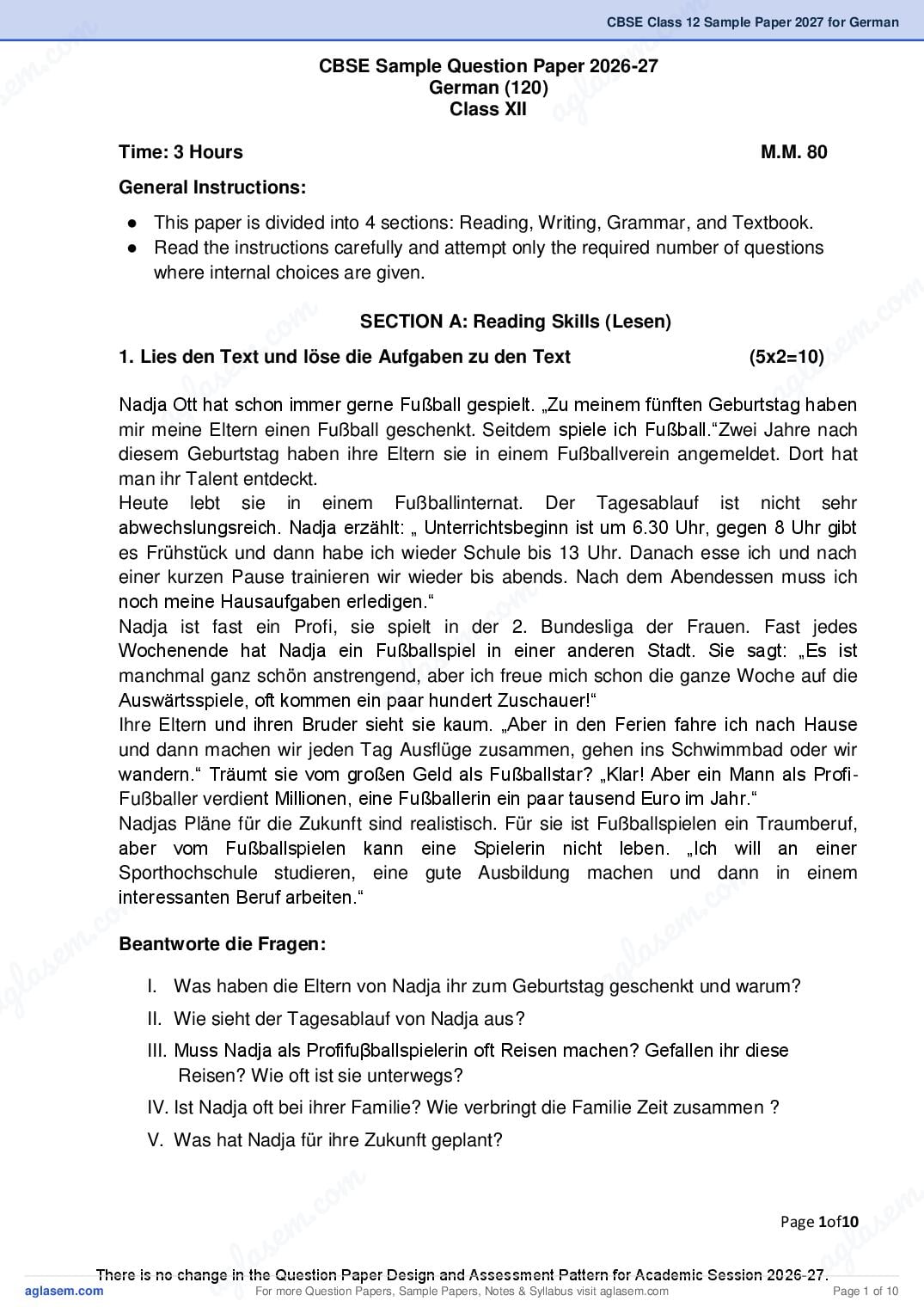 CBSE Class 12 Sample Paper 2027 for German - Page 1 of 10