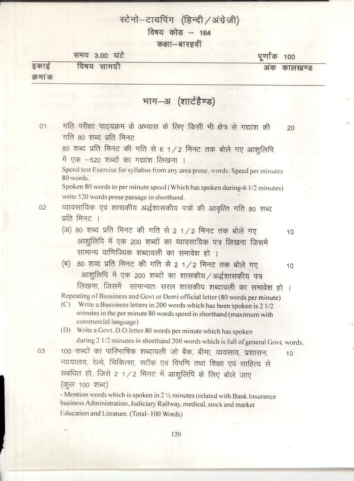 CG Board 12th Syllabus 2024 Steno typing Hindi and English - Page 1