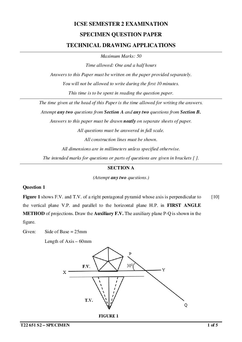 ICSE Class 10 Specimen Paper 2022 Technical Drawing Applications Semester 2 - Page 1