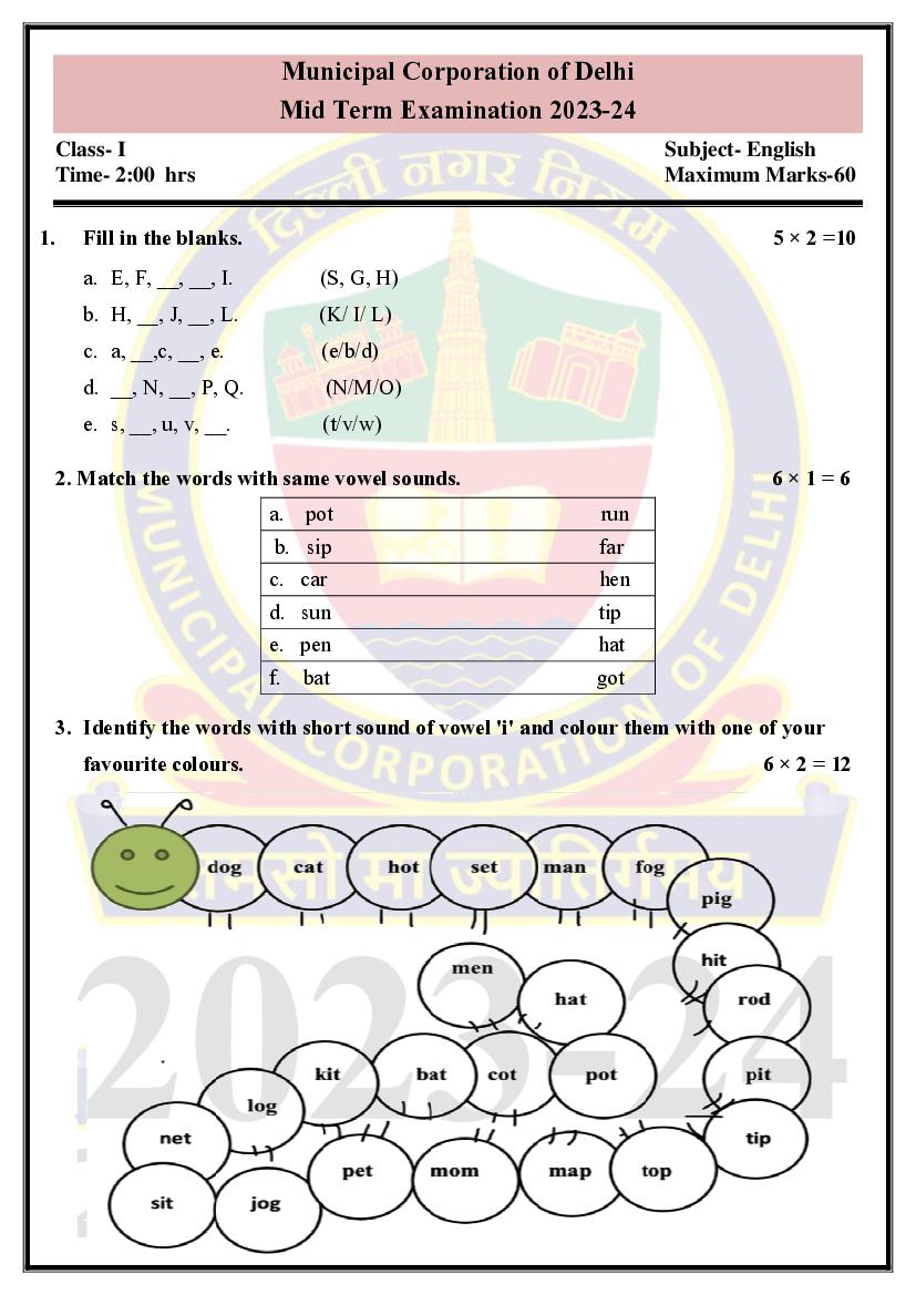Delhi Class 1 Mid Term Question Paper 2023-24 English - Page 1